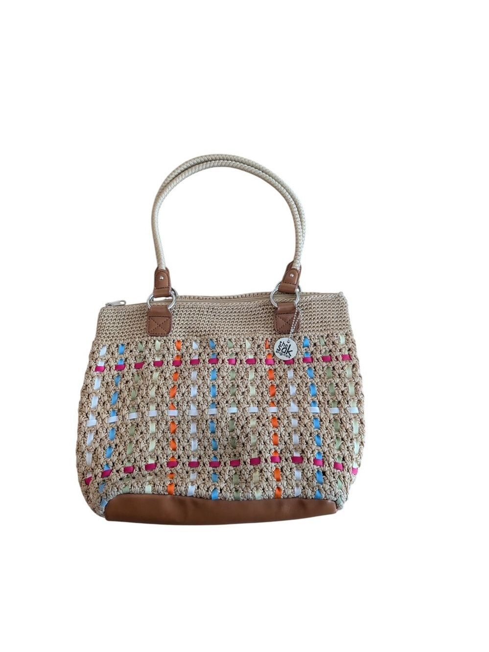 THE SAK Original Crocheted Beige with Multicolor Ribbons 2 Top Handle Bag Large
